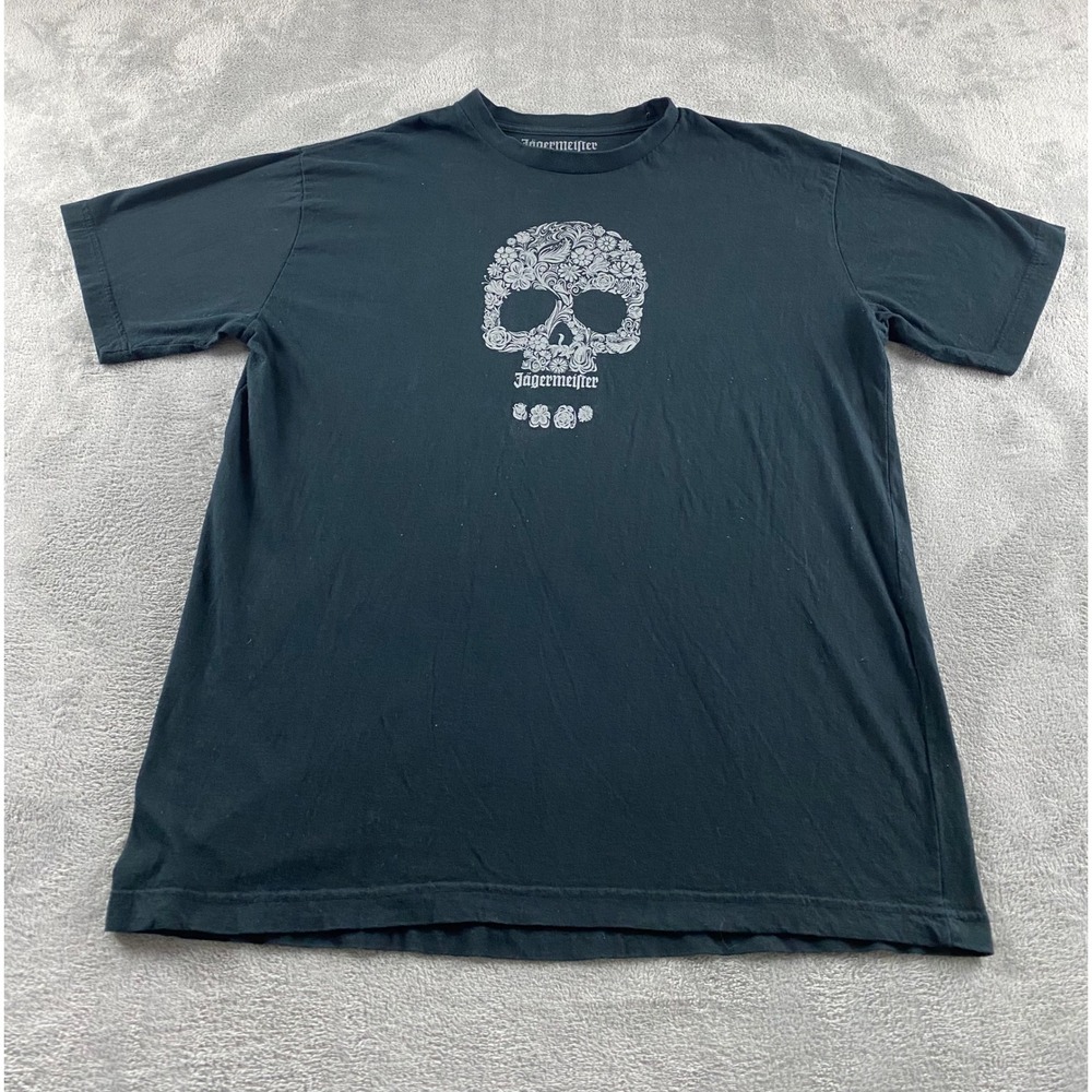 Jagermeister Mens XL Black Floral Skull Graphic T-Shirt Short Sleeve Cotton Tee